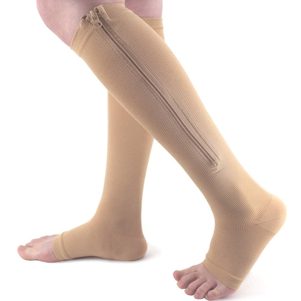 Beige Kompressionsstrümpfe mit Reißverschluss, Kniestrümpfe, Unisex, medizinische Unterstützung.