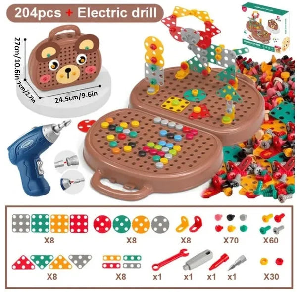 Bauset für Kinder, 204 Teile, elektrischer Bohrer, Lernspielzeug, Bärenkoffer, bunt.