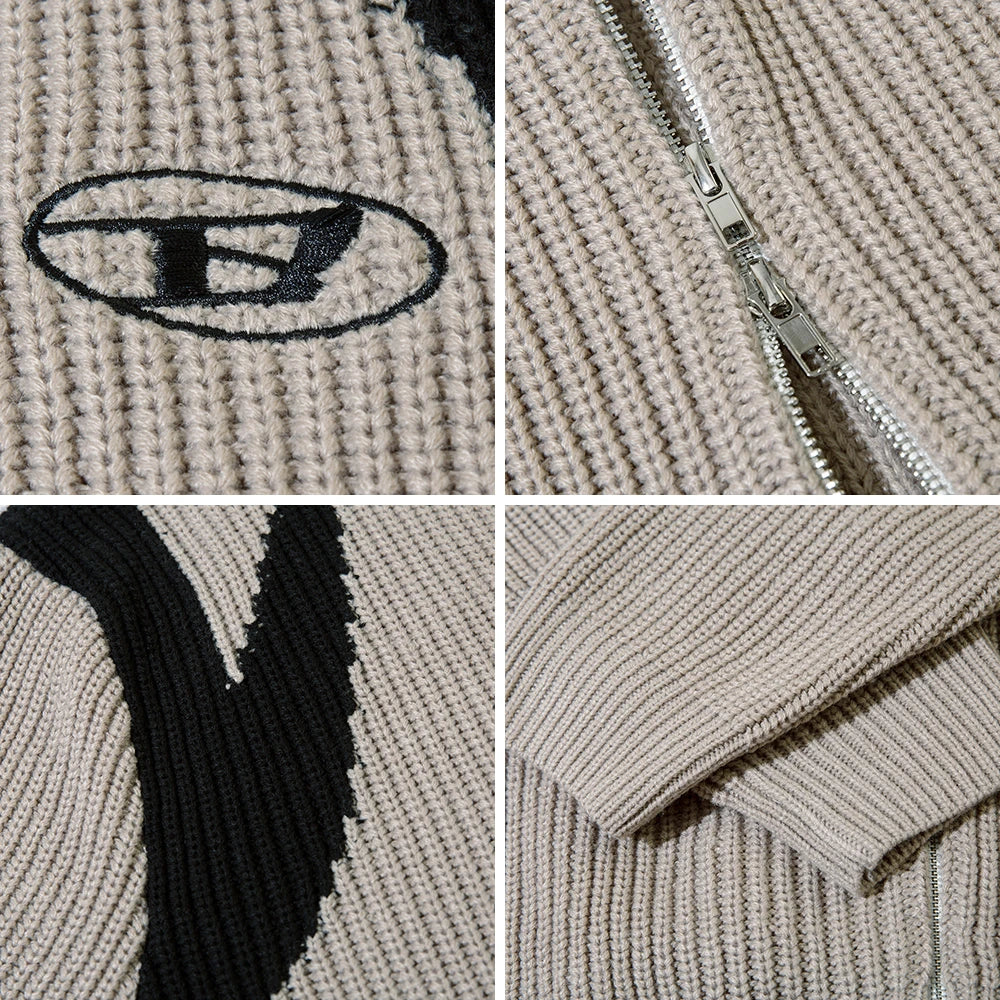 Beige Strickjacke mit Reißverschluss, Kontrastmuster, Herren Streetwear, Herbst Winter Mode.