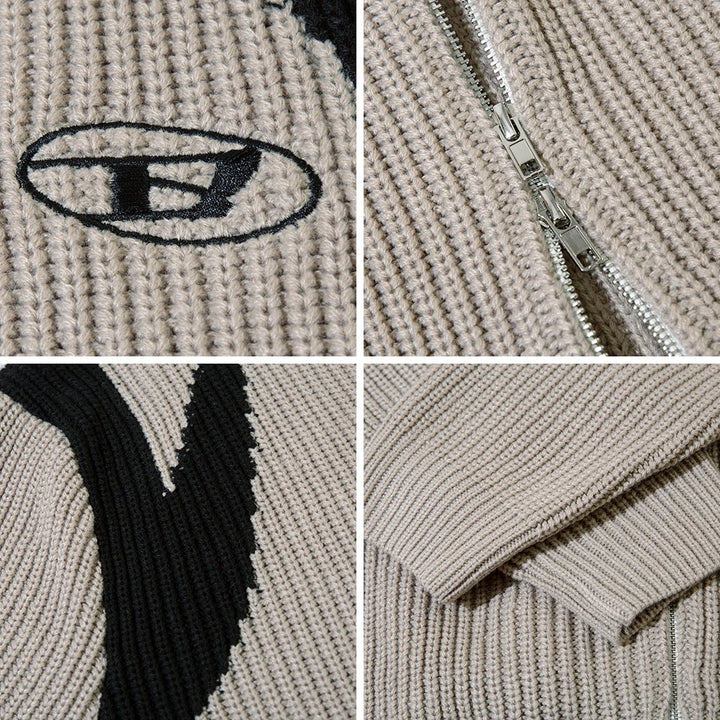 Beige Strickjacke mit Reißverschluss, Kontrastmuster, Herren Streetwear, Herbst Winter Mode.