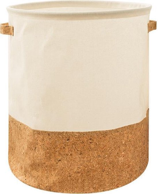 Beiger Wäschekorb aus Stoff und Kork, rund, mit Griffen, modern, Aufbewahrung, Badezimmer.