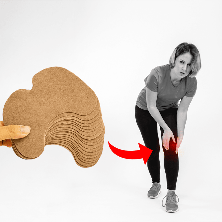 Kork-Einlegesohlen gegen Knieschmerzen, ergonomisch, stapelbar, Frau hält Knie, rotes Schmerzsymbol.