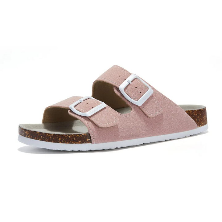 Rosa Korksandalen mit zwei Schnallen, Damen Sommerschuhe, bequem und modisch.