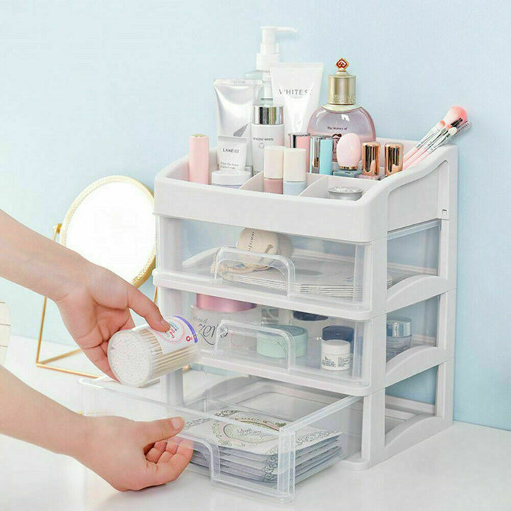 Weißer Kunststoff-Kosmetik-Organizer mit Schubladen, ideal zur Aufbewahrung von Make-up und Pflegeprodukten.