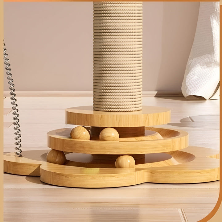 Kratzbaum aus Holz mit Spielzeugkugeln, Sisalstamm, modernes Design, Katzenzubehör.