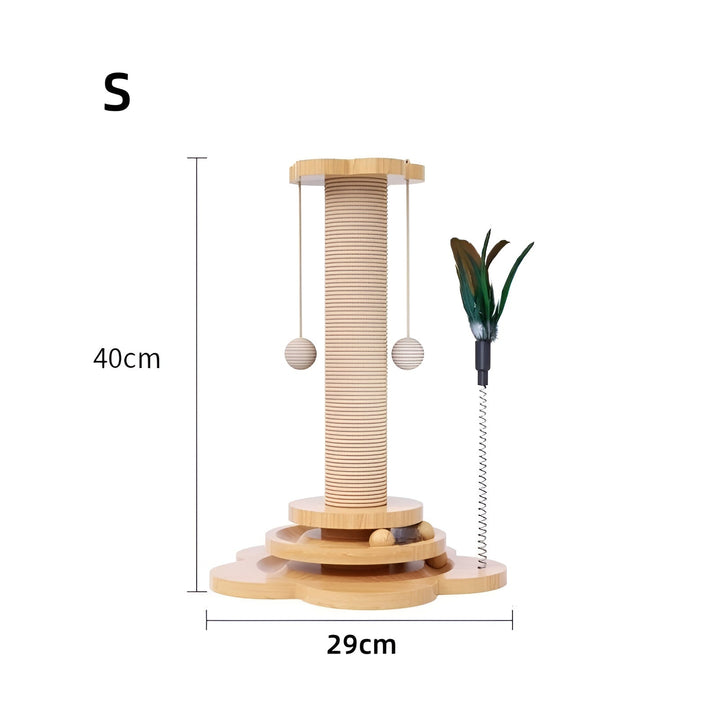 Katzenkratzbaum aus Holz, 40cm hoch, mit Spielzeugfedern und Bällen, ideal für Katzenpflege.