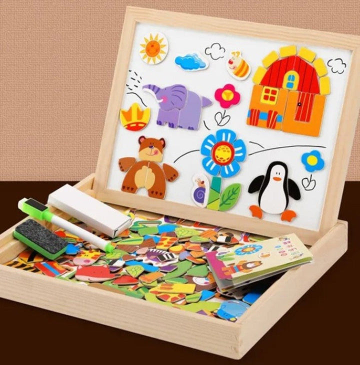Montessori Holzspielzeug, magnetisches Kreativboard mit Tiermotiven, pädagogisches Lernspiel.