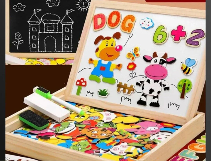 Montessori Kreativtafel aus Holz mit Magnetbuchstaben und Zahlen, bunte Tiermotive, Lernspielzeug.