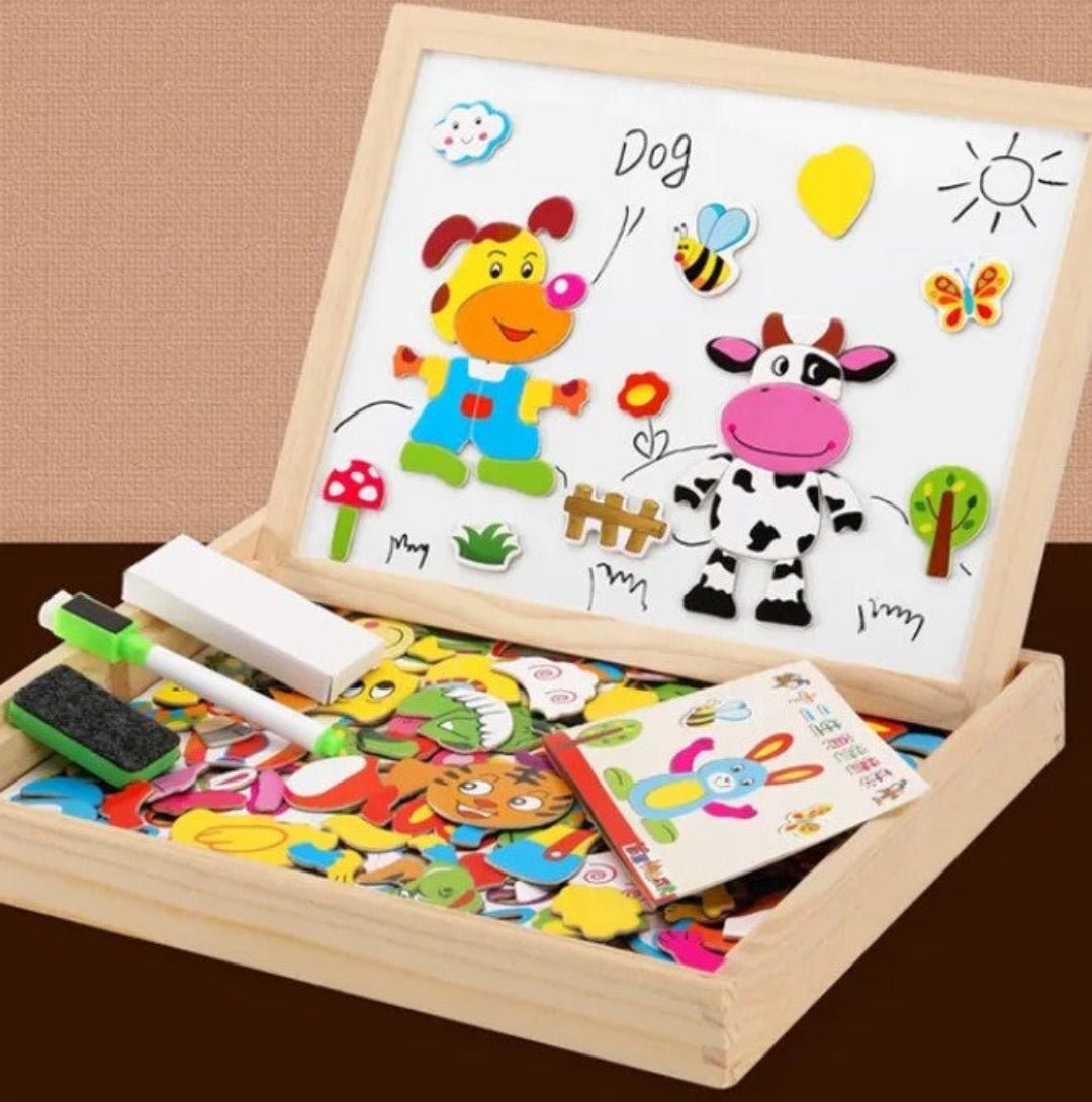 Montessori Kreativtafel aus Holz mit Magneten, bunte Tiermotive, Lernspielzeug für Kinder.