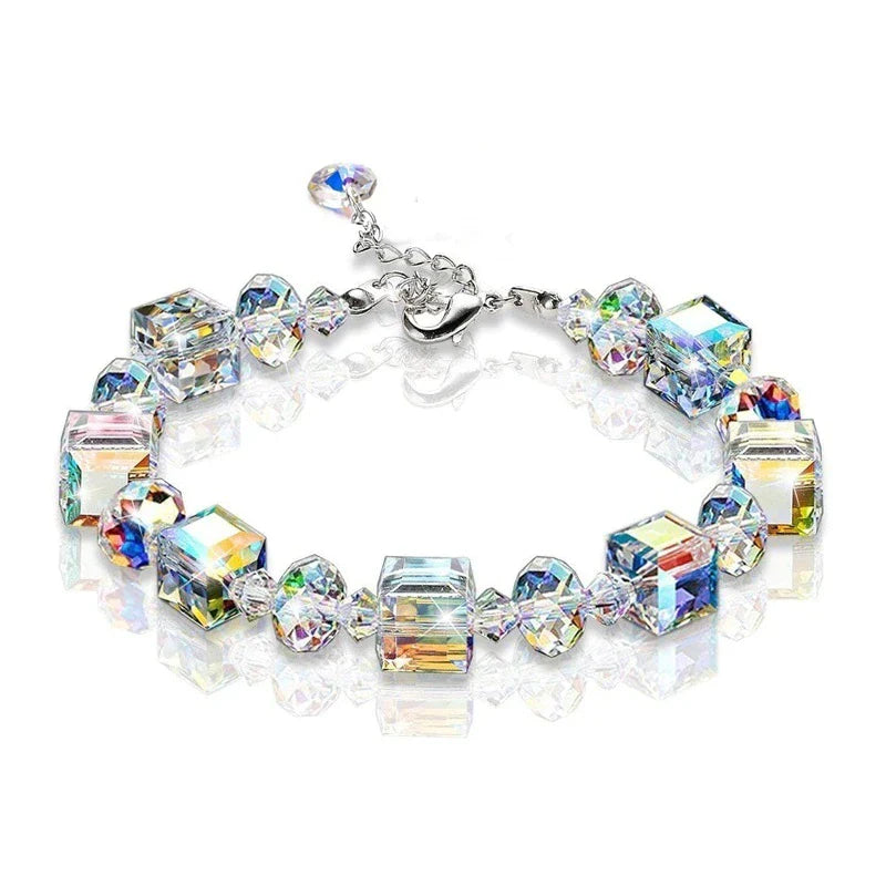 Armband aus Kristallglas, kubische und runde Perlen, Regenbogenfarben, Damen-Schmuck.