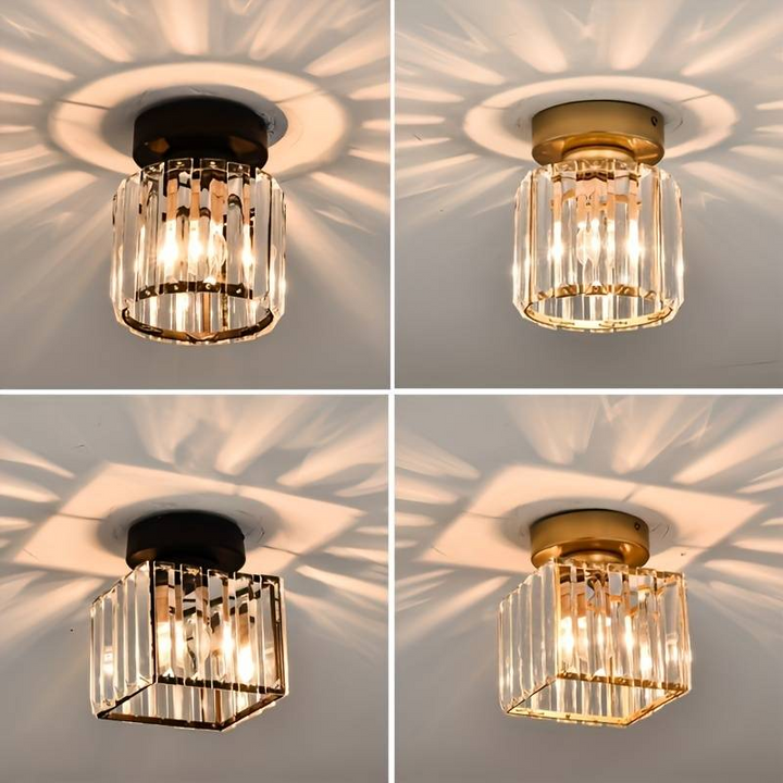 Vier moderne Deckenleuchten, Kristallglas, goldene und schwarze Fassungen, elegantes Design.