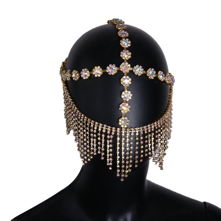 Goldene Strass-Gesichtsmaske mit Fransen, funkelndes Schmuck-Accessoire für Partys.