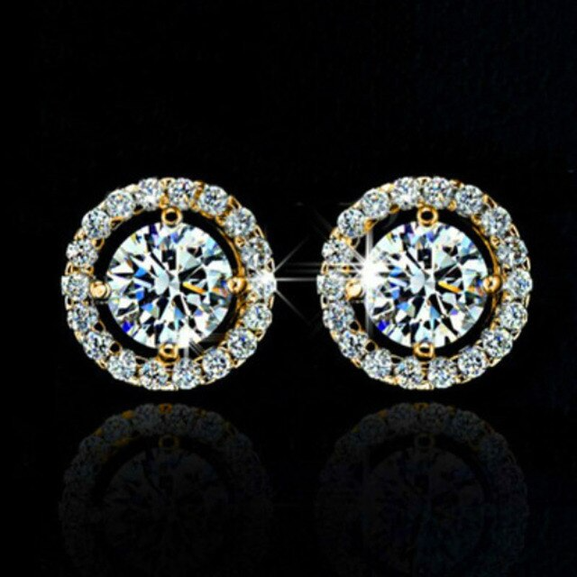 Goldene Kristall-Zirkon-Ohrringe, funkelnd, rund, für Damen, Hochzeit, allergiefrei.