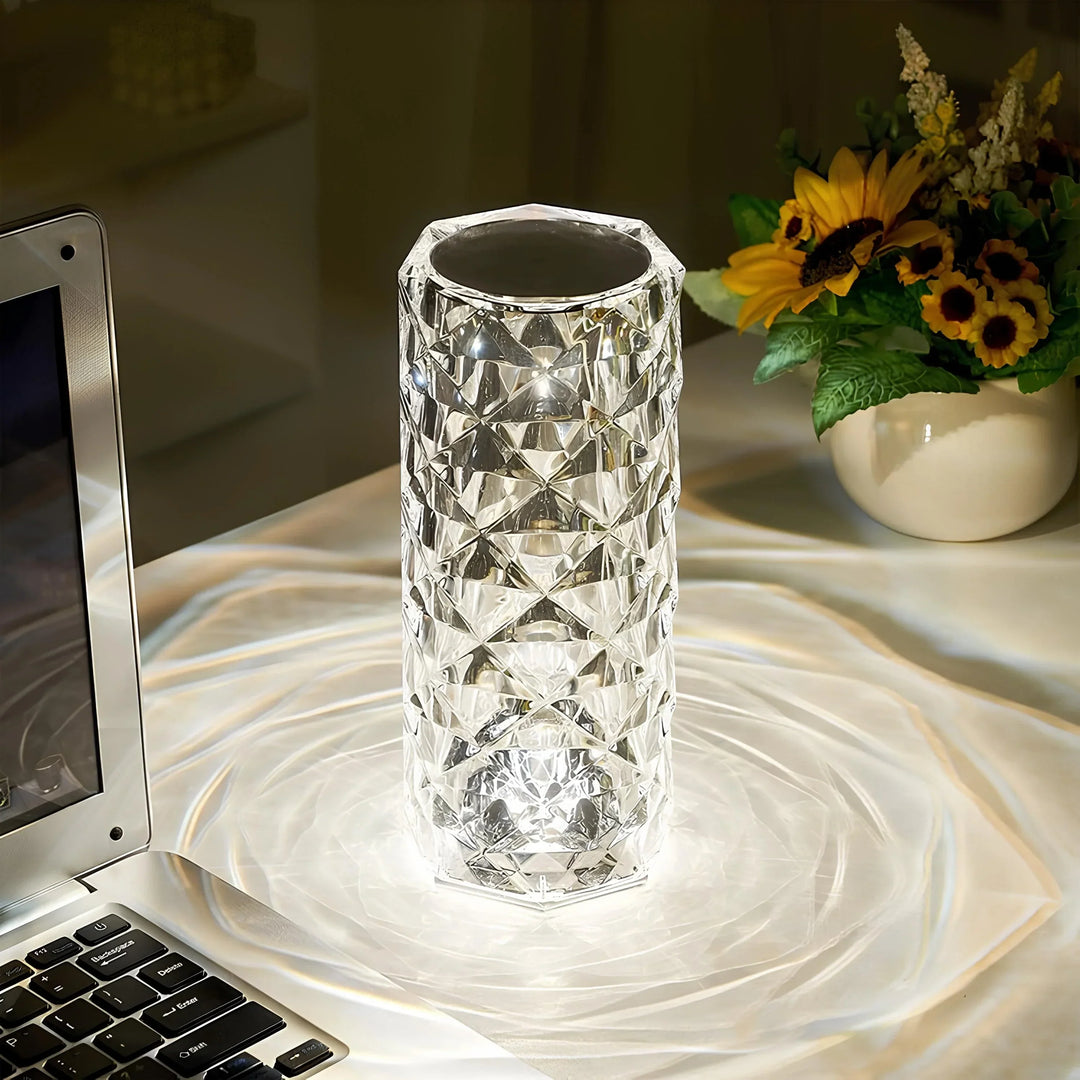Kristall-Tischlampe, zylindrisch, LED, dekorativ, transparent, modernes Design, Wohnzimmerbeleuchtung