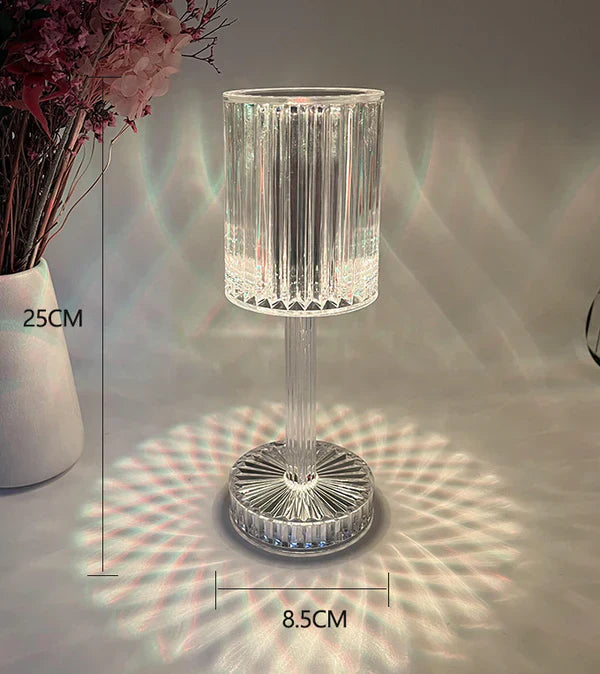 Kristall-Tischlampe, transparent, 25 cm hoch, 8,5 cm Durchmesser, modernes Design, LED-Beleuchtung.