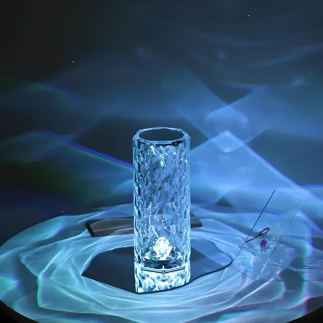 Kristallvase mit LED-Beleuchtung, zylindrisch, transparent, dekorativ, modernes Design.