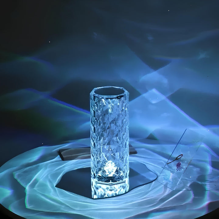 Kristallvase mit LED-Beleuchtung, zylindrisch, transparent, dekorativ, modernes Design.