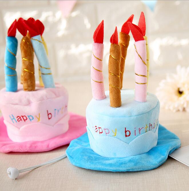Plüsch-Geburtstagshut mit Kerzen, blau und rosa, Party-Dekoration, Kindergeburtstagsspielzeug.