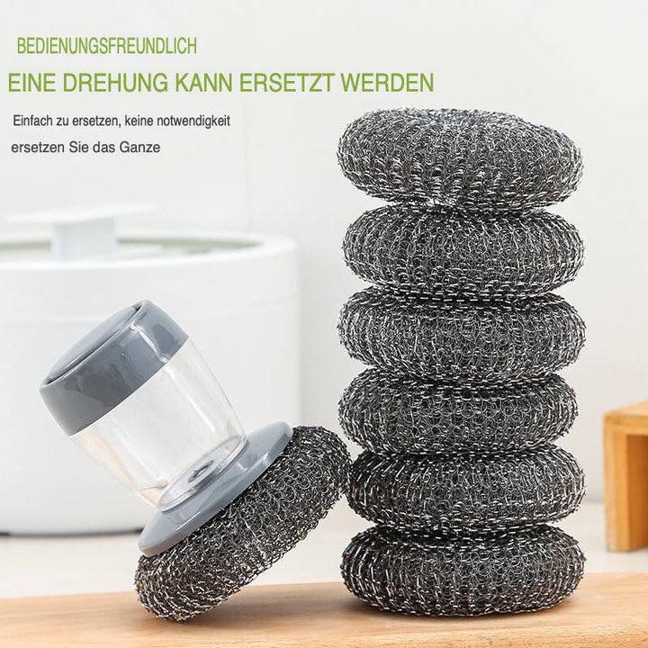 Graue Küchenseifenpresse mit Palmbürste, stapelbare Metallschwämme, Reinigungszubehör.