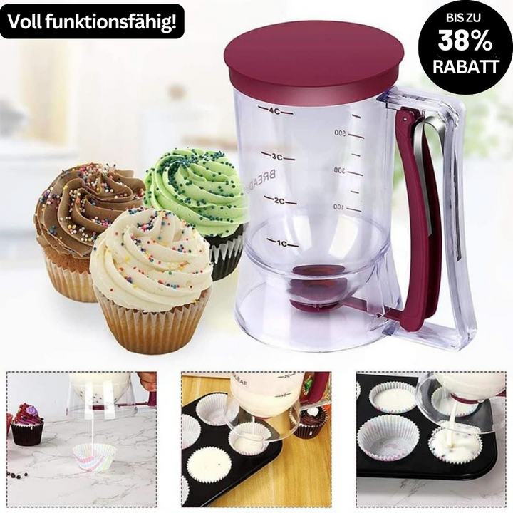 Transparenter Teigspender mit rotem Deckel, ideal für präzises Backen, bis zu 38% Rabatt.