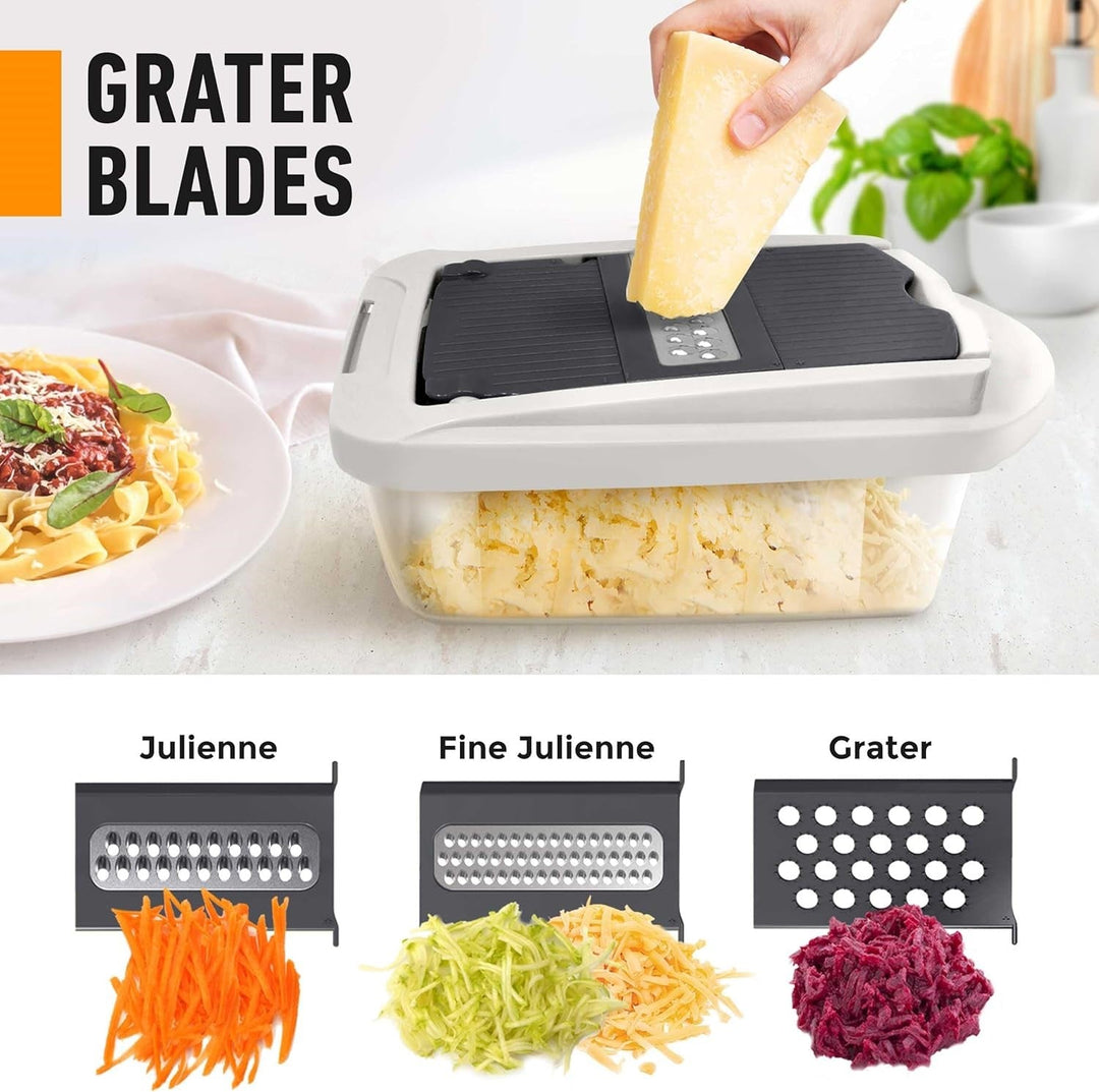Käsereibe mit Behälter, Edelstahl, vielseitig, Julienne-Schneider, Küchenzubehör.