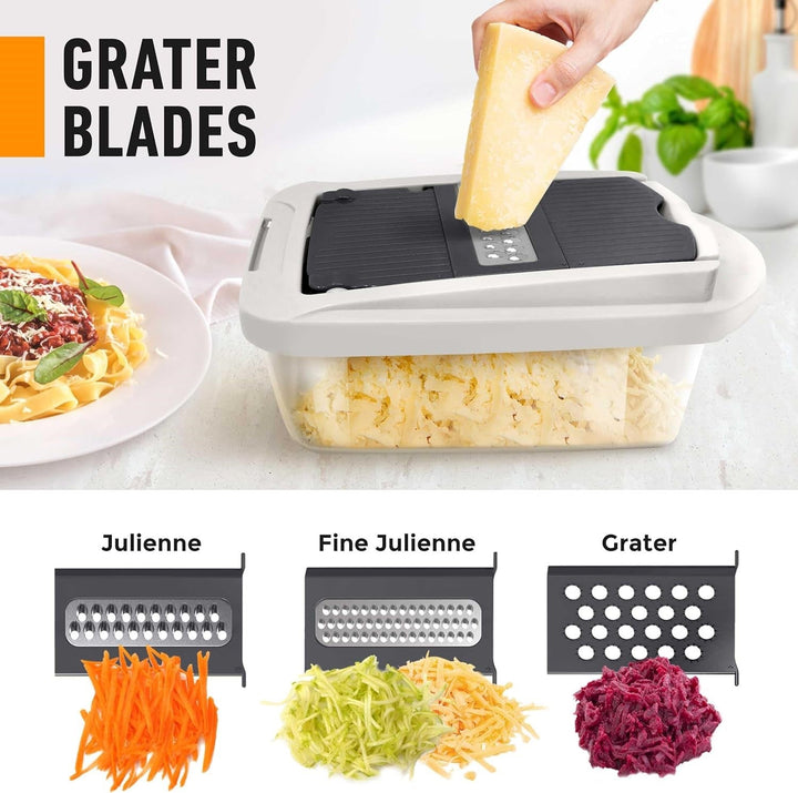 Käsereibe mit Behälter, Edelstahl, vielseitig, Julienne-Schneider, Küchenzubehör.