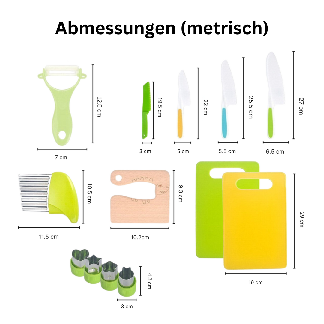Küchenwerkzeug-Set mit Messern, Schäler, Schneidebrettern, Ausstechern, grün-gelb, Abmessungen.