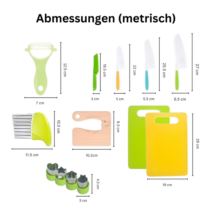 Küchenwerkzeug-Set mit Messern, Schäler, Schneidebrettern, Ausstechern, grün-gelb, Abmessungen.