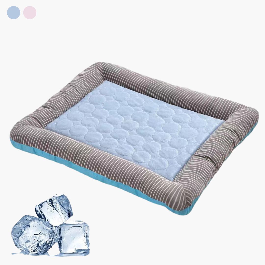 Kühlmatte für Hunde, blau, gestreifter Rand, Eismotiv, Haustierbett, Sommer, Erfrischung.