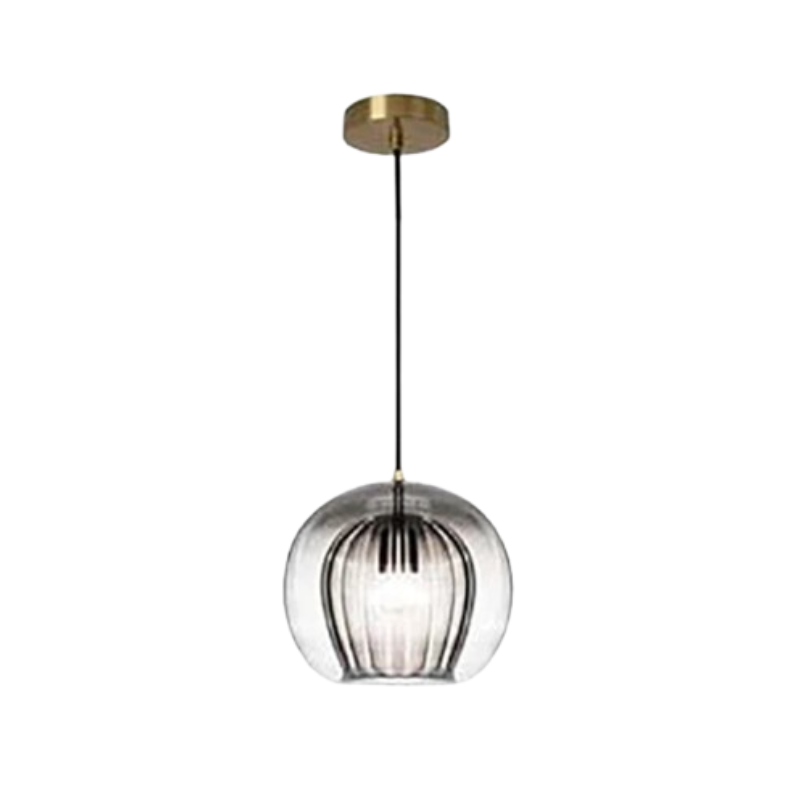 Moderne Glas-Pendelleuchte, transparent, mit goldener Deckenhalterung, für Wohnzimmerbeleuchtung.