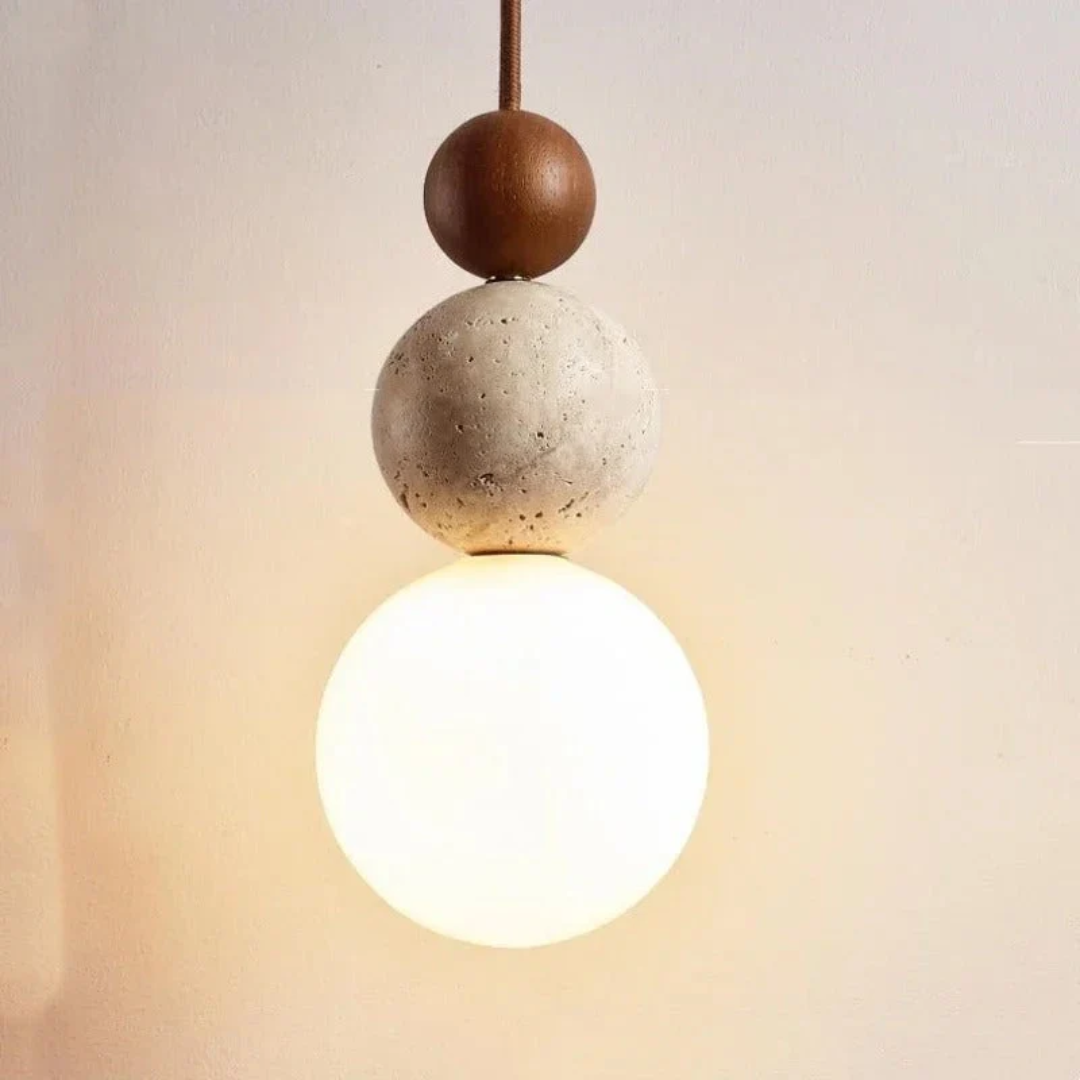 Moderne Hängelampe aus Beton und Holz, minimalistisches Design, warmes Licht, Wohnzimmerbeleuchtung.