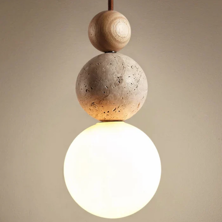 Moderne Hängelampe aus Holz und Stein, minimalistisches Design, warmes Licht, Wohnzimmerbeleuchtung.
