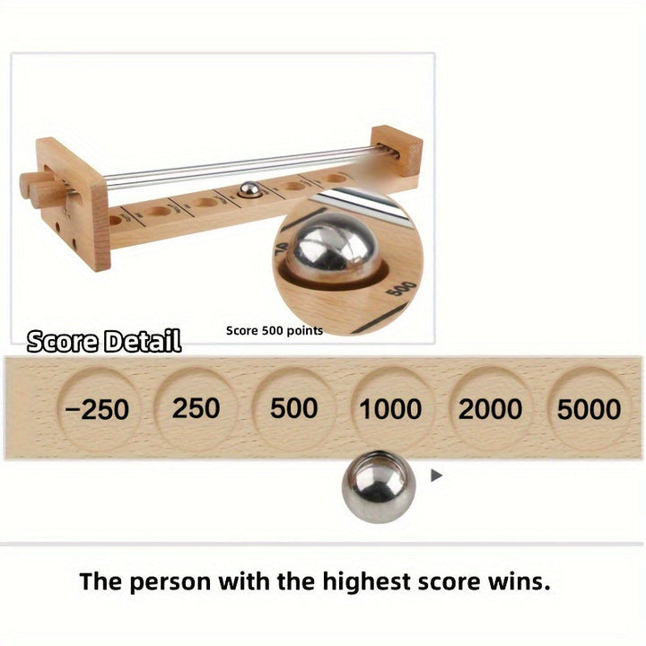 Holz-Kugelspiel mit Punkteskala, Metallkugel, Geschicklichkeitsspiel, 500 Punkte, Score Detail.