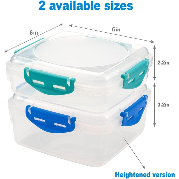 Zwei stapelbare Frischhaltedosen, transparent, mit blauen und grünen Verschlüssen, 6x6 Zoll.