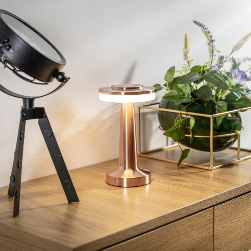 Kupferfarbene LED-Tischlampe auf Holzschrank neben schwarzem Scheinwerfer und Pflanze.