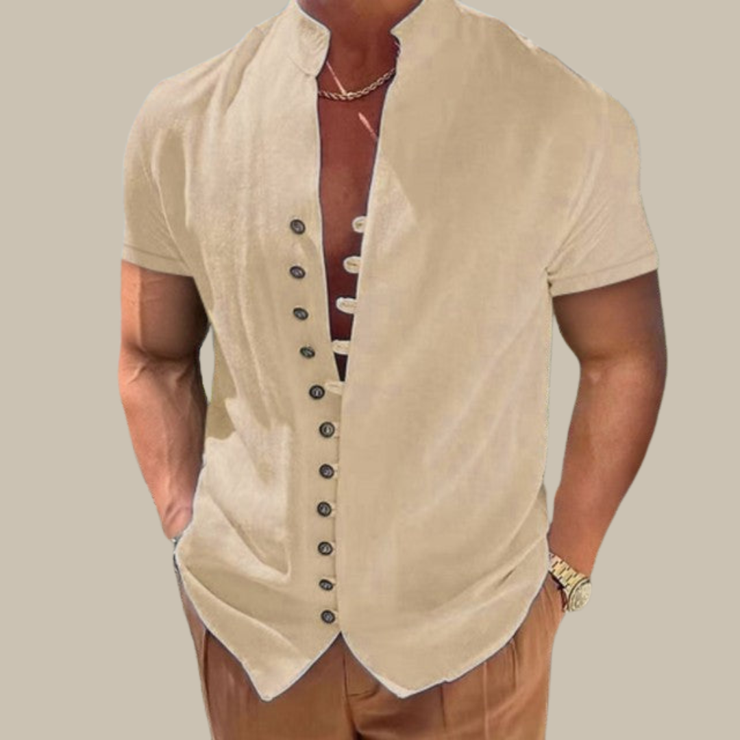 Herrenhemd beige Leinen, kurzarm, Knopfleiste, lässig, Sommermode, elegant, modern.
