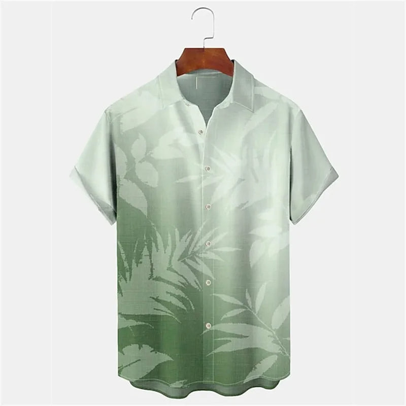 Grünes Hawaiihemd mit Blattmuster, Kurzarm, Knopfleiste, Herrenmode, Sommerbekleidung.