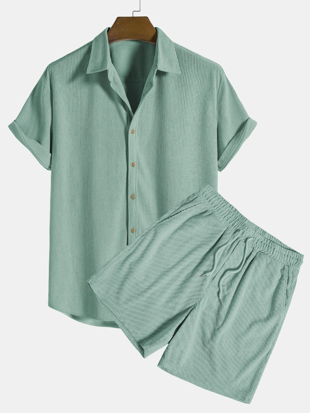 Grünes Herren-Shorts-Set aus Baumwolle, kurzärmelig, Sommermode, bequem, lässig.