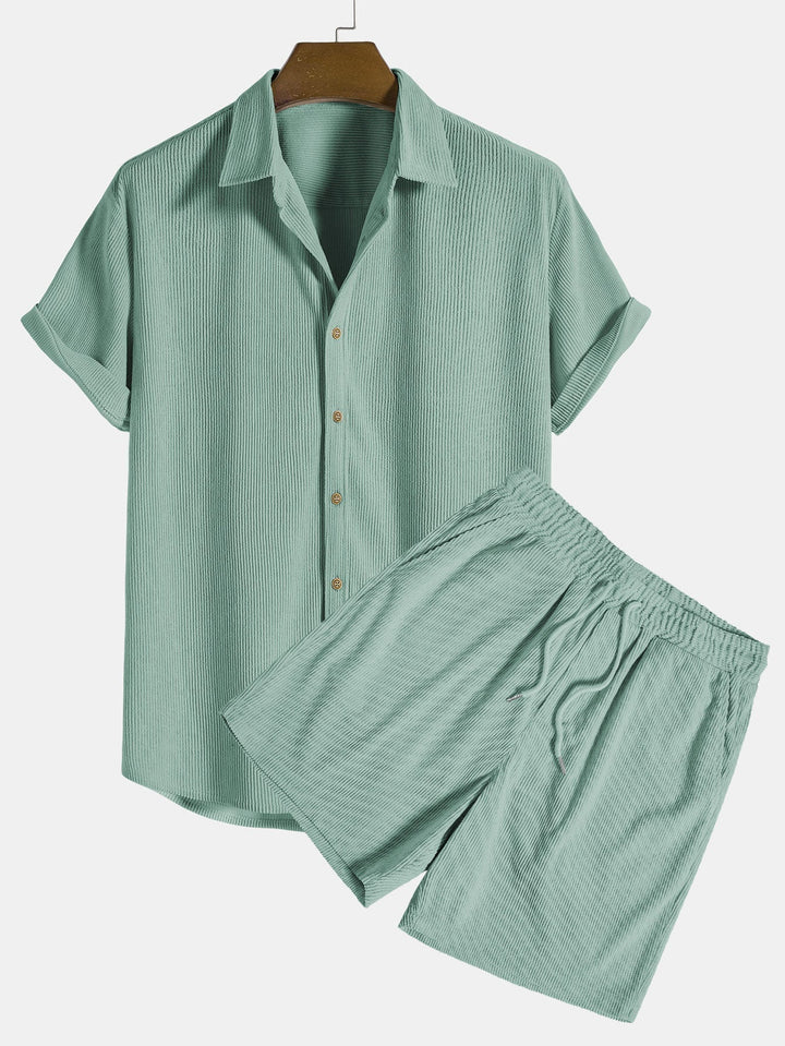 Grünes Herren-Shorts-Set aus Baumwolle, kurzärmelig, Sommermode, bequem, lässig.