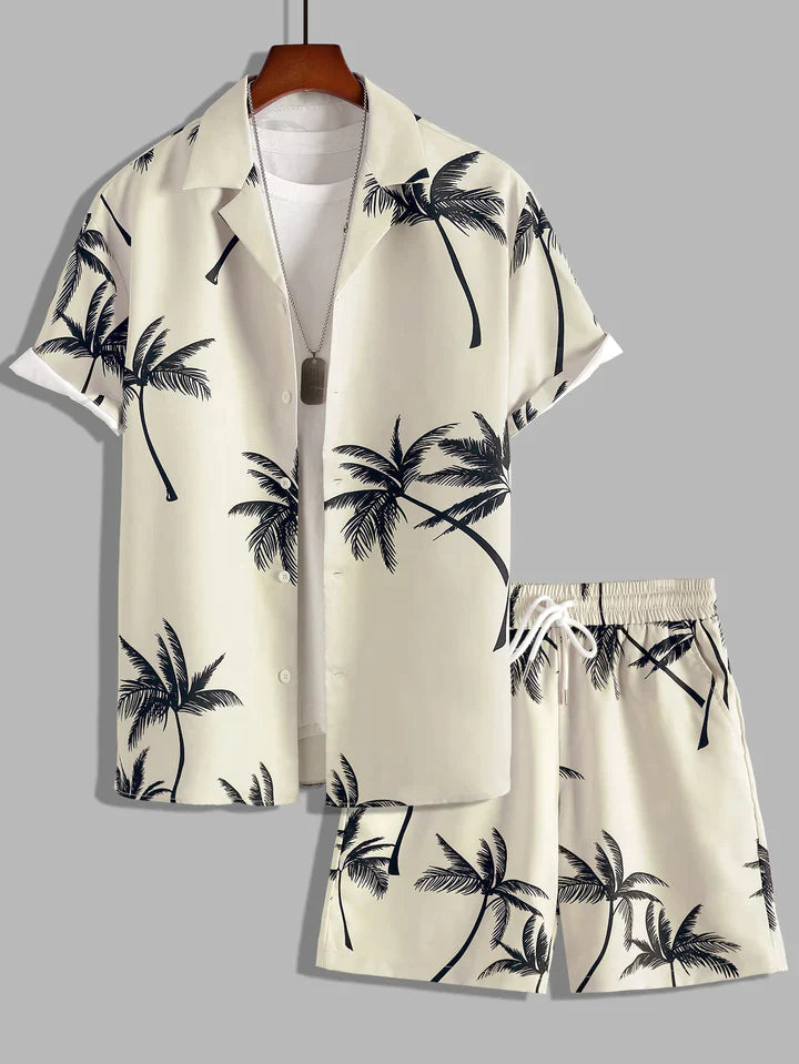 Herren Hawaiihemd und Shorts Set, Palmenmuster, beige, Sommermode, Freizeitkleidung.