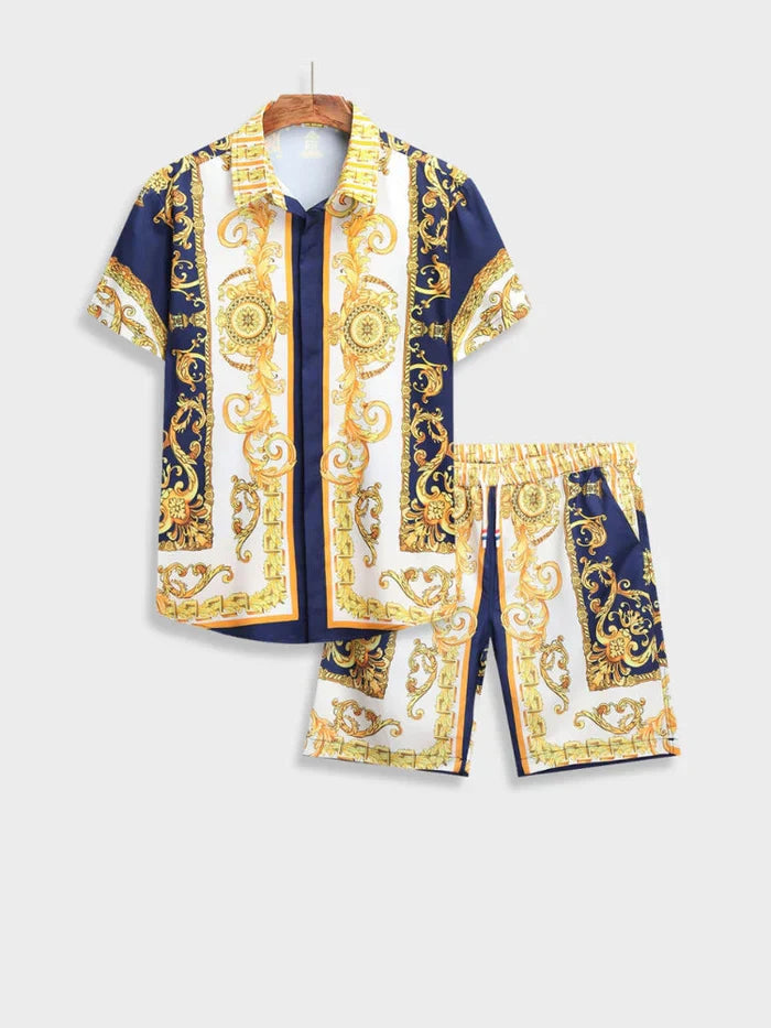 Kurzärmeliges Herren-Set, blau-goldenes Barockmuster, Hemd und Shorts, Sommermode.