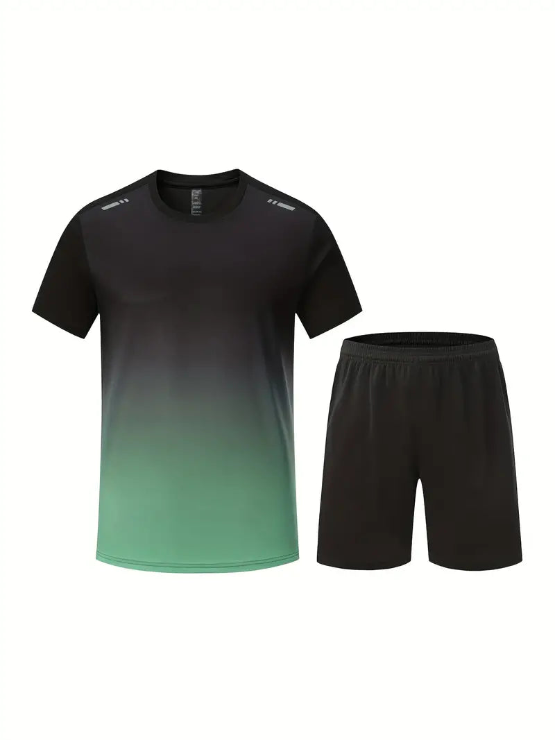 Schwarzes und grünes Sport-Set, T-Shirt und Shorts, atmungsaktiv, für Herren.