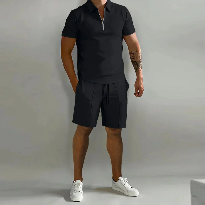 Herren Trainingsanzug, schwarz, Kurzarm-Poloshirt, Sportshorts, Sommermode, Freizeitkleidung.