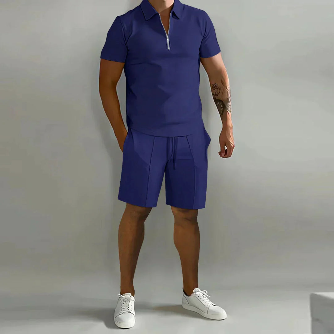 Herren-Trainingsanzug, blau, Kurzarm-Poloshirt, Sport-Shorts, Sommermode, Freizeitkleidung.