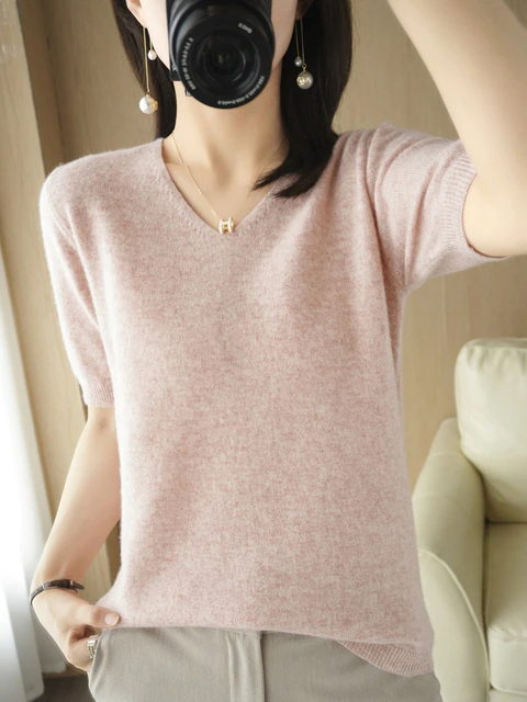 Damen V-Ausschnitt Pullover, rosa, Baumwollmischung, kurzärmelig, modisch, bequem.