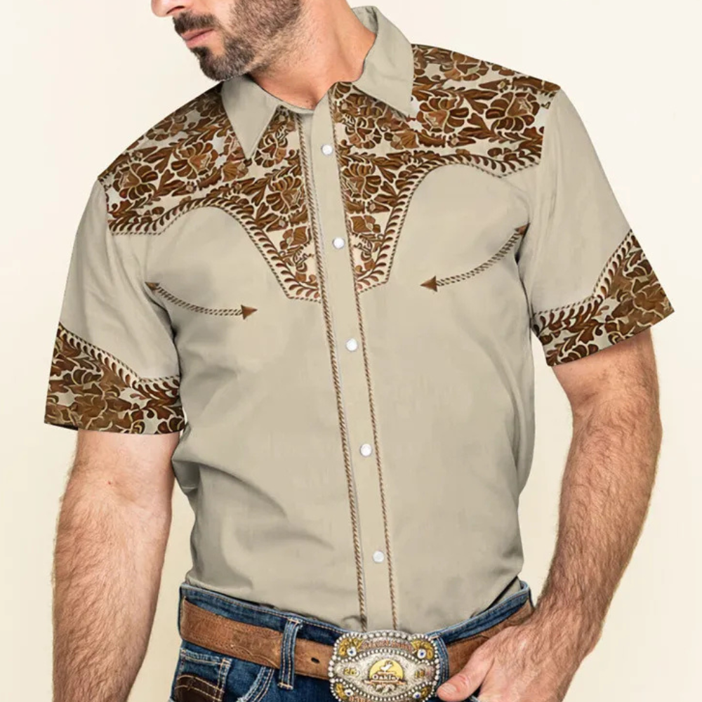 Braunes Westernhemd mit floralem Muster, Kurzarm, Cowboy-Stil, Herrenmode.