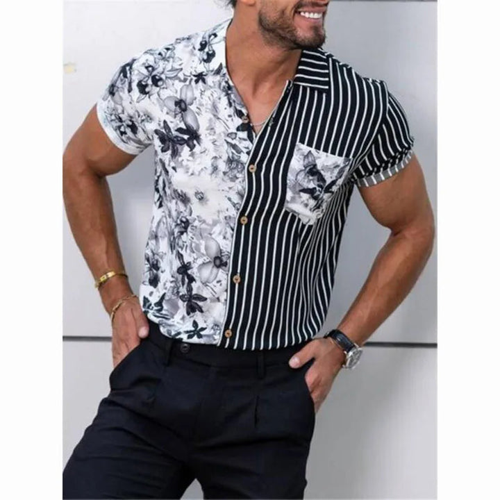 Männerhemd mit schwarz-weißem Streifen- und Blumenmuster, kurzärmelig, modern, lässig.