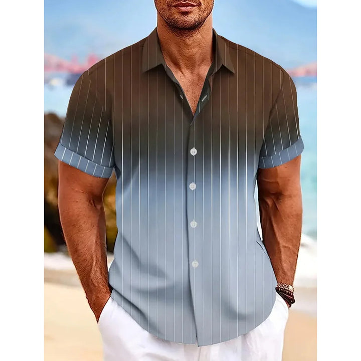 Herrenhemd, kurzarm, braun-blau, gestreift, Knopfleiste, Strandmode, Sommerbekleidung.