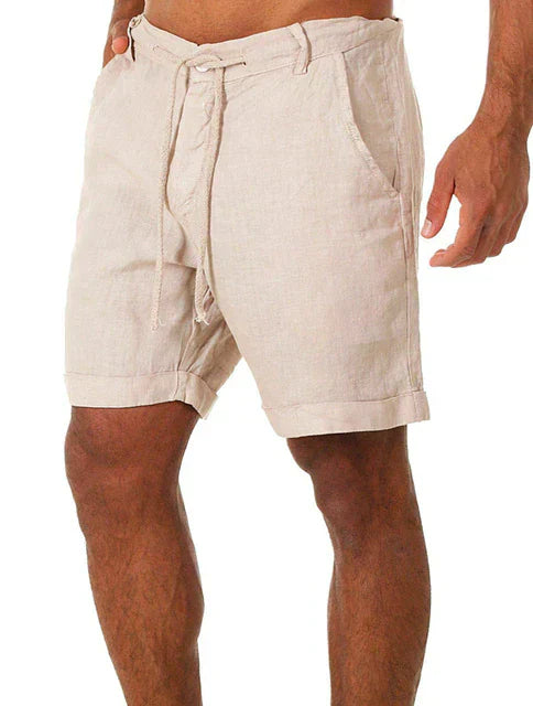 Beige Herren-Shorts aus Leinen, lässig, Sommermode, mit Kordelzug, ideal für Strand.