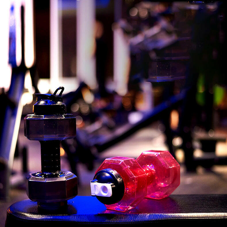 Zwei Hanteln im Fitnessstudio, eine schwarz, eine pink, auf einer Bank liegend.